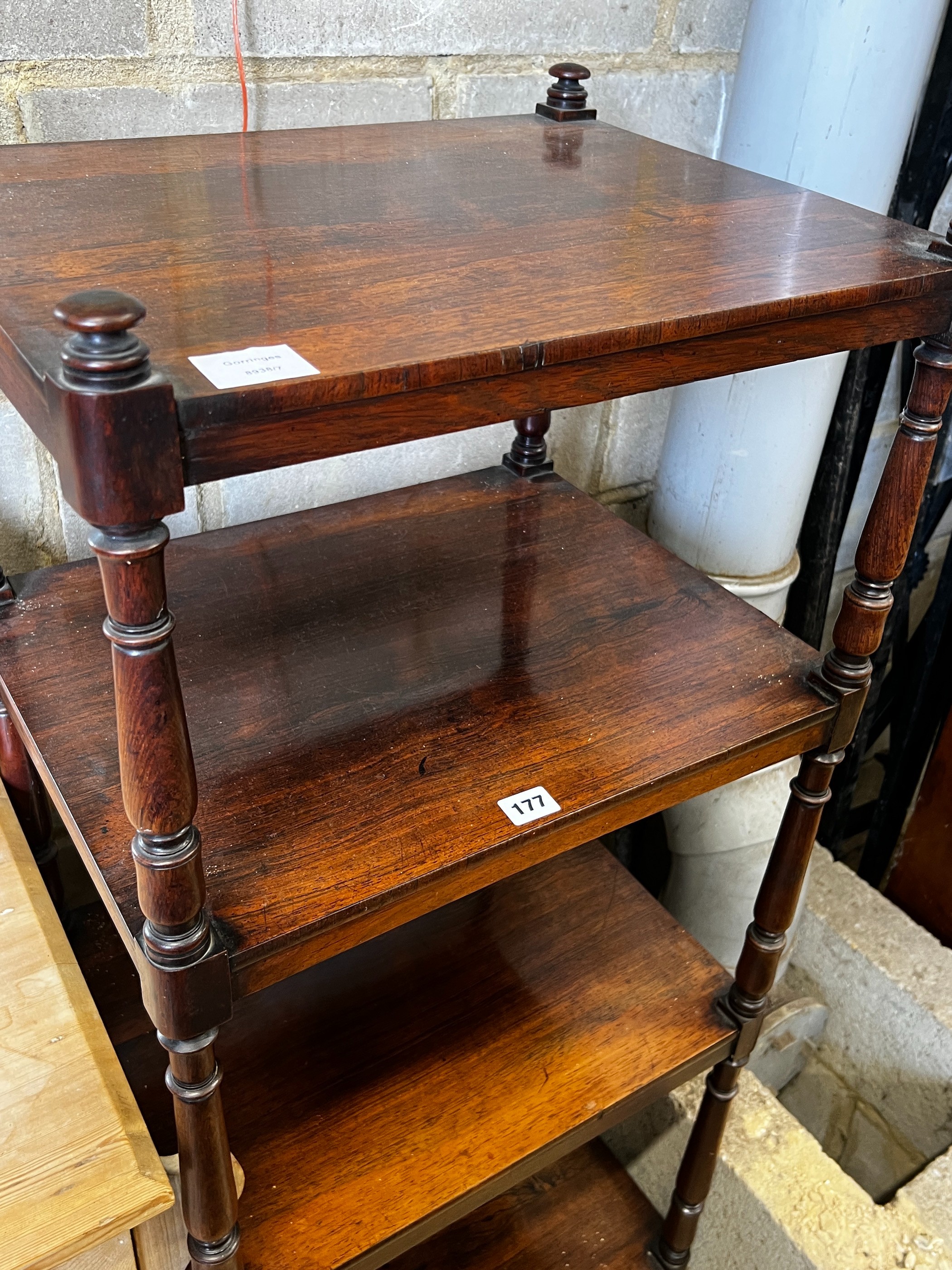 An early Victorian rosewood four tier whatnot, width 50cm, depth 40cm, height 140cm